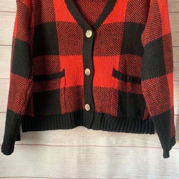 Cozy Co. by Cozy Casual Red and Black Plaid Sweater Cardigan Pockets Size S/M - Picture 3 of 13